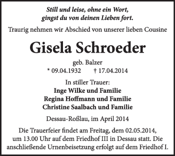 Traueranzeige von Gisela Schroeder von Super Sonntag Dessau / Köthen