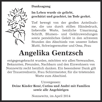 Traueranzeige von Angelika Gentzsch von Super Sonntag Zeitz