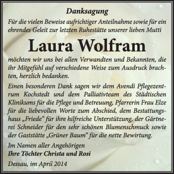 Traueranzeige von Laura Wolfram von Super Sonntag Dessau / Köthen