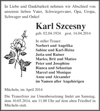 Traueranzeige von Karl Szcesny von WVG - Wochenspiegel Merseburg