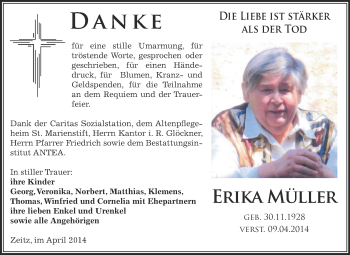Traueranzeige von Erika Müller von Super Sonntag Zeitz