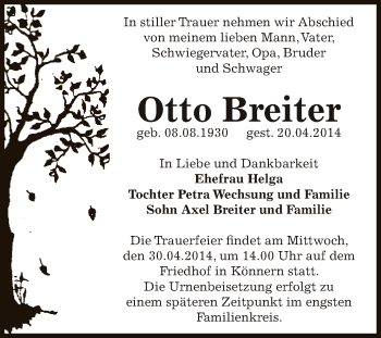 Traueranzeige von Otto Breiter von Super Sonntag Bernburg