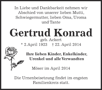 Traueranzeige von Gertrud Konrad von Super Sonntag Bernburg