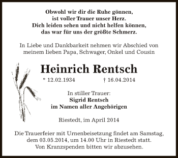 Traueranzeige von Heinrich Rentsch von Super Sonntag SGH Mansf. Land