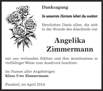 Traueranzeige von Angelika Zimmermann von Super Sonntag Bernburg