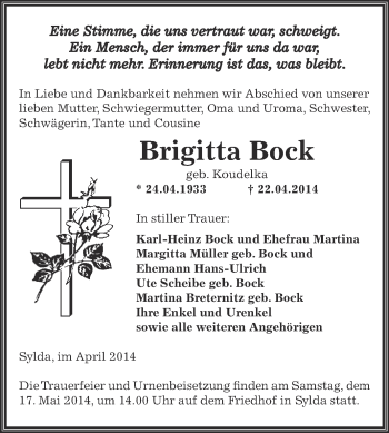 Traueranzeige von Brigitta Bock von Wochenspiegel Mansfelder Land
