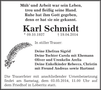 Traueranzeige von Karl Schmidt von WVG - Wochenspiegel Bitterfeld