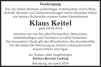 Traueranzeige von Klaus Keitel von Super Sonntag Bernburg