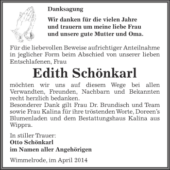 Traueranzeige von Edith Schönkarl von Super Sonntag SGH Mansf. Land