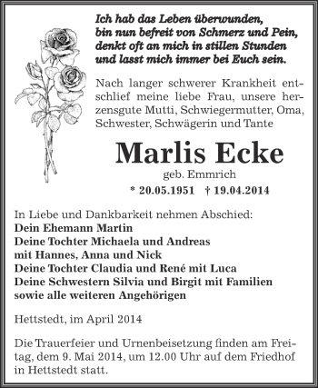 Traueranzeige von Marlis Ecke von Wochenspiegel Mansfelder Land