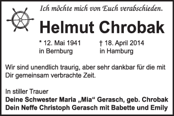 Traueranzeige von Helmut Chrobak von Super Sonntag Dessau / Köthen