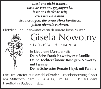 Traueranzeige von Gisela Nowotny von WVG - Wochenspiegel Quedlinburg