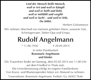 Traueranzeige von Rudolf Angelmann von WVG - Wochenspiegel Quedlinburg