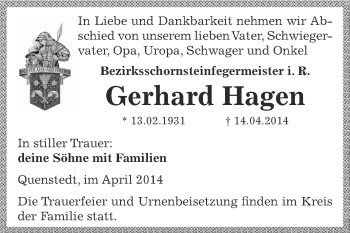 Traueranzeige von Gerhard Hagen von Wochenspiegel Mansfelder Land