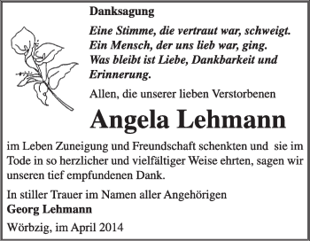 Traueranzeige von Angela Lehmann von Super Sonntag Dessau / Köthen