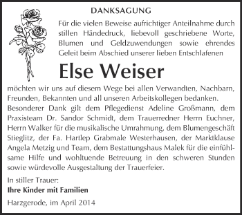 Traueranzeige von Else Weiser von WVG - Wochenspiegel Quedlinburg
