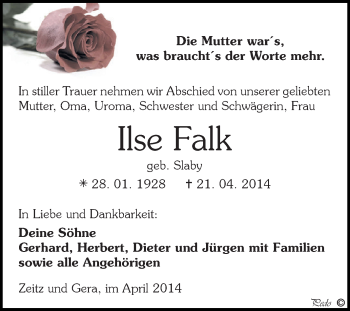 Traueranzeige von Ilse Falk von Super Sonntag Zeitz