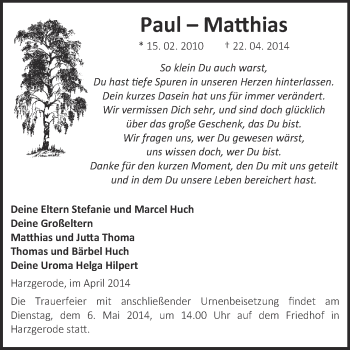 Traueranzeige von Paul-Matthias Huch von WVG - Wochenspiegel Quedlinburg