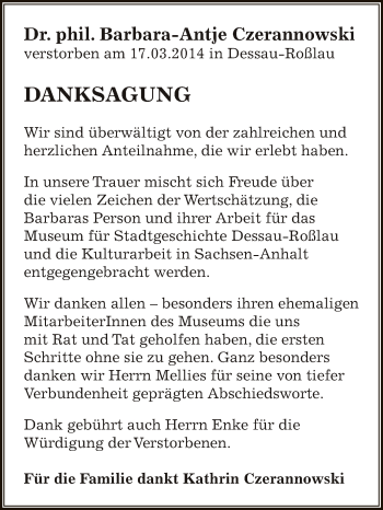 Traueranzeige von Barbara-Antje Czerannowski von WVG - Wochenspiegel Dessau / Köthen