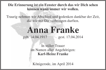 Traueranzeige von Anna Franke von Super Sonntag Quedlinburg
