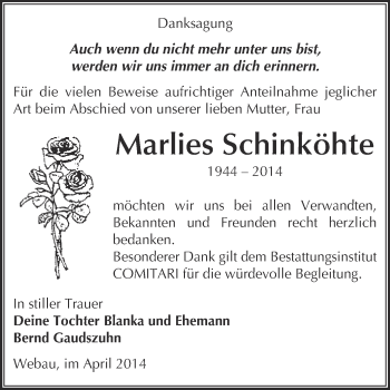Traueranzeige von Marlies Schinköhte von WVG - Wochenspiegel NMB / WSF / ZTZ