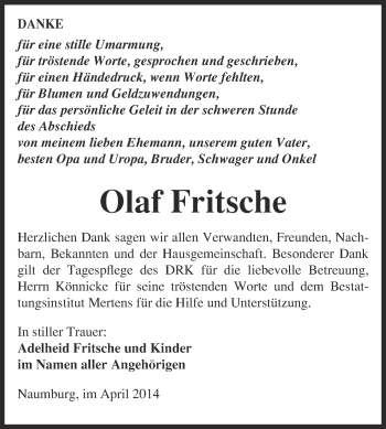 Traueranzeige von Olaf Fritsche von WVG - Wochenspiegel NMB / WSF / ZTZ