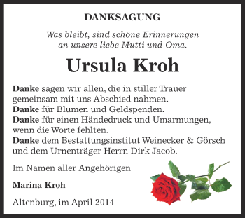 Traueranzeige von Ursula Kroh von Super Sonntag Bernburg