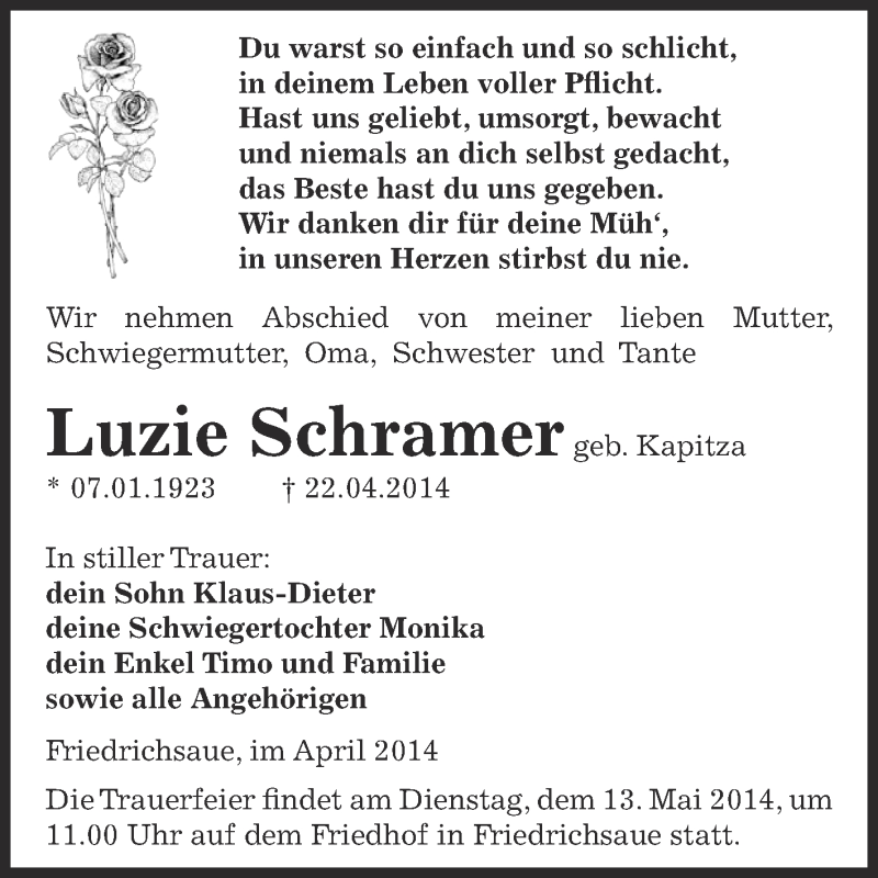  Traueranzeige für Luzie Schramer vom 27.04.2014 aus Super Sonntag Aschersleben