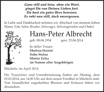 Traueranzeige von Hans-Peter Albrecht von WVG - Wochenspiegel Merseburg
