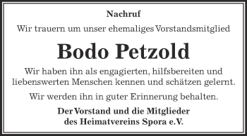 Traueranzeige von Bodo Petzold von Super Sonntag Zeitz