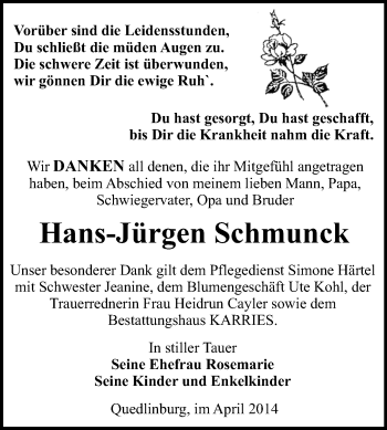 Traueranzeige von Hans-Jürgen Schmunck von WVG - Wochenspiegel Quedlinburg
