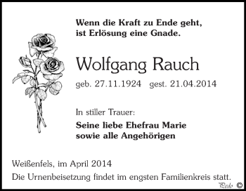 Traueranzeige von Wolfgang Rauch von WVG - Wochenspiegel NMB / WSF / ZTZ