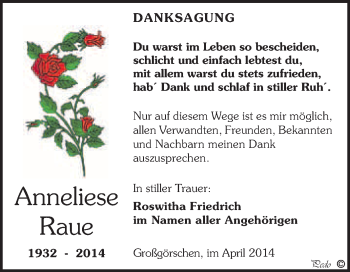 Traueranzeige von Anneliese Raue von WVG - Wochenspiegel NMB / WSF / ZTZ