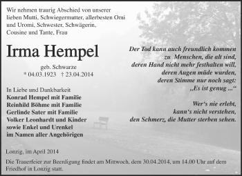 Traueranzeige von Irma Hempel von Super Sonntag Zeitz