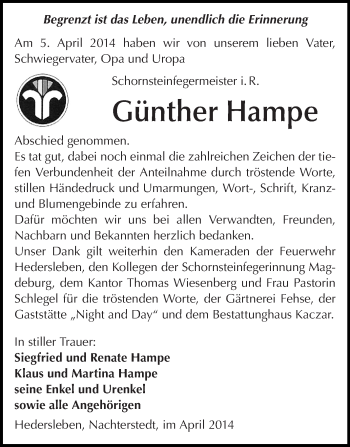 Traueranzeige von Günther Hampe von WVG - Wochenspiegel Quedlinburg