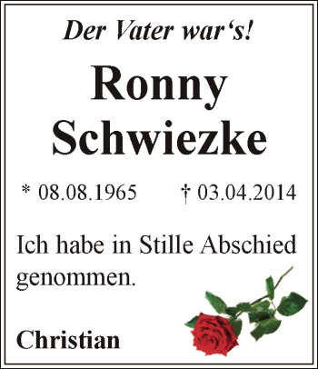 Traueranzeige von Ronny Schwiezke von Super Sonntag Zeitz