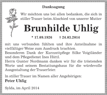 Traueranzeige von Brunhilde Uhlig von Wochenspiegel Mansfelder Land