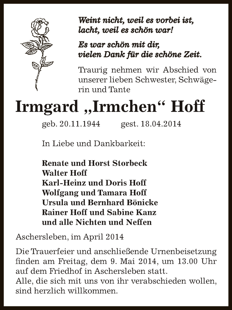  Traueranzeige für Irmgard Hoff vom 27.04.2014 aus Super Sonntag Aschersleben