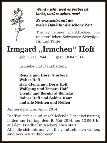 Traueranzeige von Irmgard Hoff von Super Sonntag Aschersleben