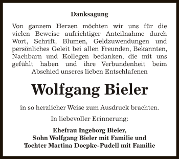 Traueranzeige von Wolfgang Bieler von WVG - Wochenspiegel Dessau / Köthen