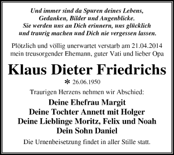 Traueranzeige von Klaus Dieter Friedrichs von Super Sonntag Dessau / Köthen