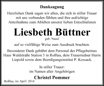 Traueranzeige von Liesbeth Büttner von Super Sonntag Dessau / Köthen