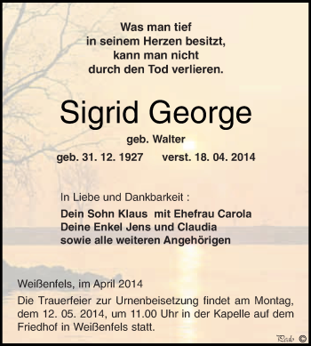 Traueranzeige von Sigrid George von WVG - Wochenspiegel NMB / WSF / ZTZ