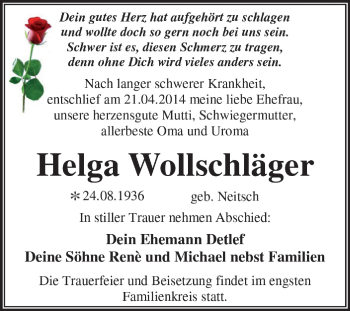 Traueranzeige von Helga Wollschläger von Super Sonntag Dessau / Köthen