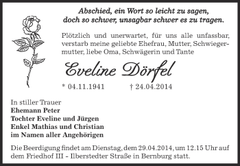Traueranzeige von Eveline Dörfel von Super Sonntag Bernburg
