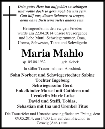 Traueranzeige von Maria Mahlo von WVG - Wochenspiegel Dessau / Köthen