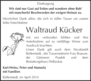 Traueranzeige von Waltraud Kücker von WVG - Wochenspiegel Quedlinburg
