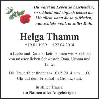 Traueranzeige von Helga Thamm von WVG - Wochenspiegel NMB / WSF / ZTZ