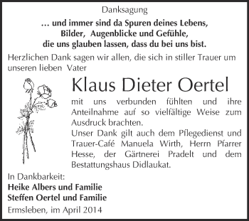 Traueranzeige von Klaus Dieter Oertel von WVG - Wochenspiegel Quedlinburg