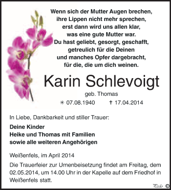 Traueranzeige von Kann Schlevoigt von WVG - Wochenspiegel NMB / WSF / ZTZ